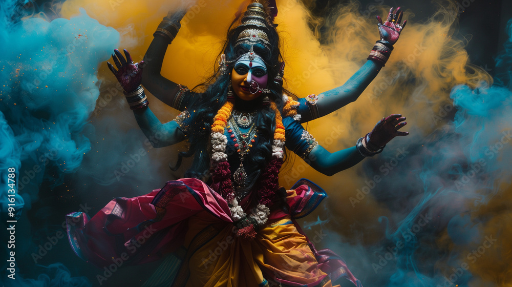 A vibrant depiction of a goddess with multiple arms, surrounded by colorful smoke.