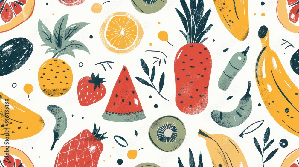 Brightly colored fruits and vegetables are creatively arranged in a lively pattern on a light background Brightly colored fruits and vegetables are creatively arranged in a lively pattern on a light background