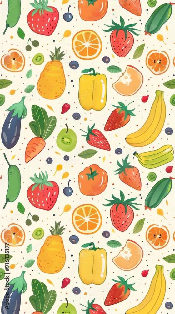 A vibrant array of fruits and vegetables fills the background, showcasing nature's bounty in a playful design A vibrant array of fruits and vegetables fills the background, showcasing nature's bounty in a playful design