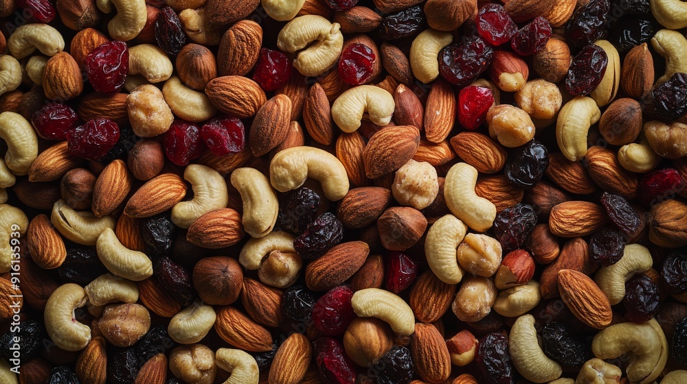 A vibrant arrangement of roasted nuts and dried fruits, including smoked almonds, salted peanuts, and cranberry-coated cashews A vibrant arrangement of roasted nuts and dried fruits, including smoked almonds, salted peanuts, and cranberry-coated cashews