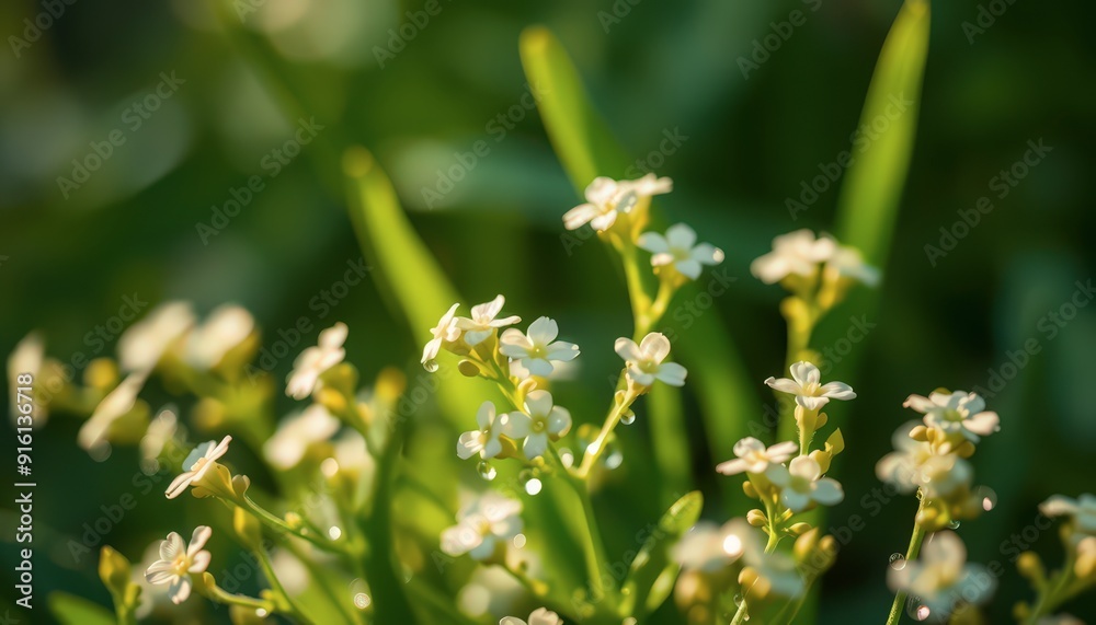 White Flowers with Water Droplets in Green Foliage. White Flowers with Water Droplets in Green Foliage.