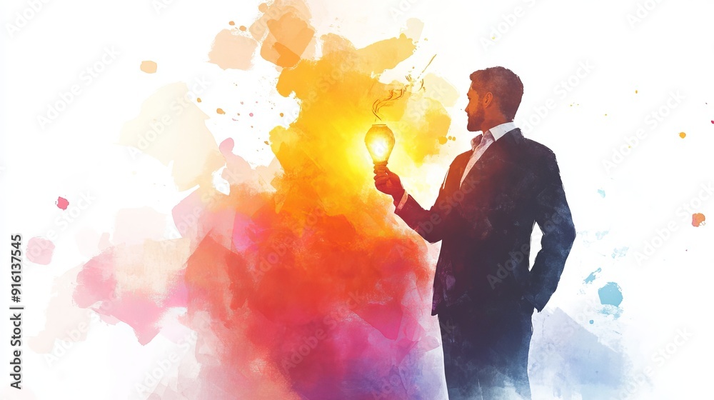 3D Watercolor Business Owner Lighting a Lamp: A Moment of Inspiration 3D Watercolor Business Owner Lighting a Lamp: A Moment of Inspiration