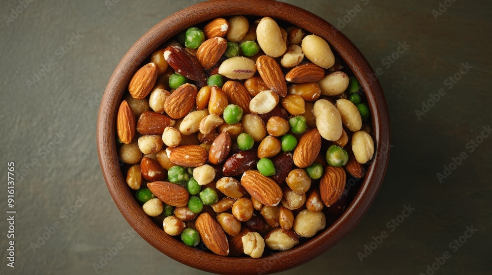 A detailed overhead shot of a bowl filled with assorted nuts and seeds, featuring salted peanuts, wasabi peas, and honey-coated almonds A detailed overhead shot of a bowl filled with assorted nuts and seeds, featuring salted peanuts, wasabi peas, and honey-coated almonds