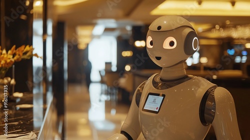 Wallpaper Mural White robot with glowing eyes stands in a hotel lobby. Torontodigital.ca