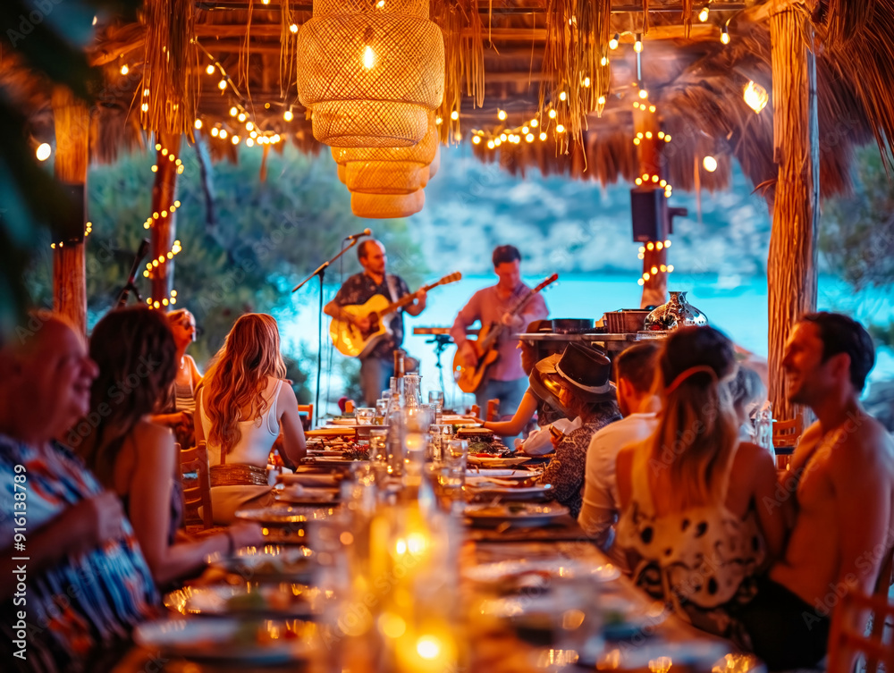 A group of people are gathered around a long table with candles and a band playing in the background. The atmosphere is lively and social, with people enjoying their meals and the music