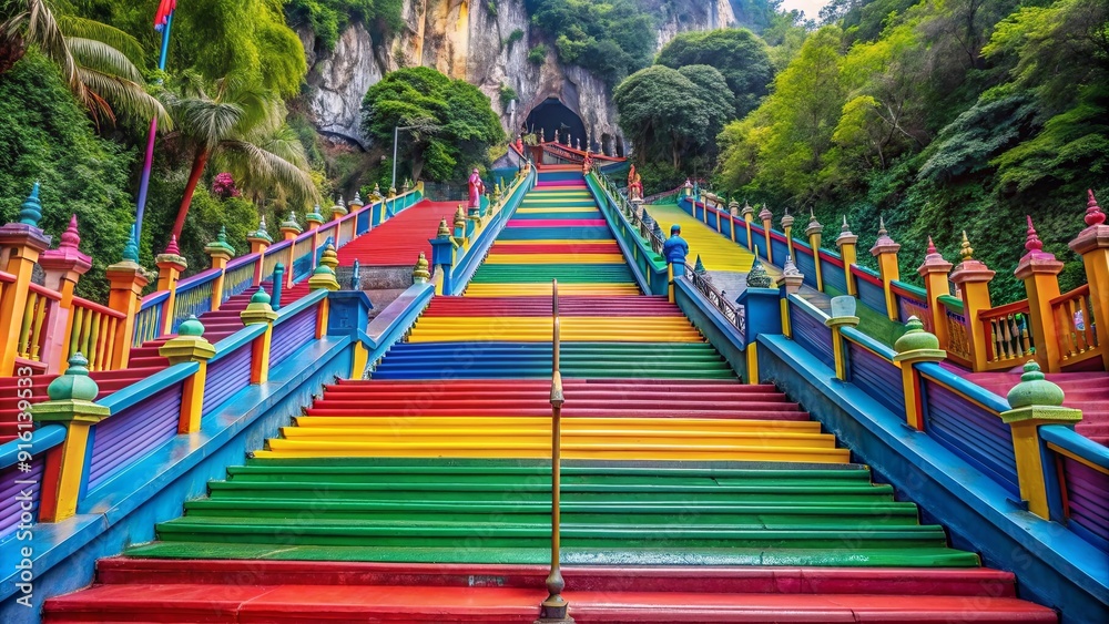 Colorful staircase leading up to Batu Caves, Malaysia. Panoramic view, Batu Caves, Malaysia, Colorful, Stairs, Steps, Steps Colorful staircase leading up to Batu Caves, Malaysia. Panoramic view, Batu Caves, Malaysia, Colorful, Stairs, Steps, Steps