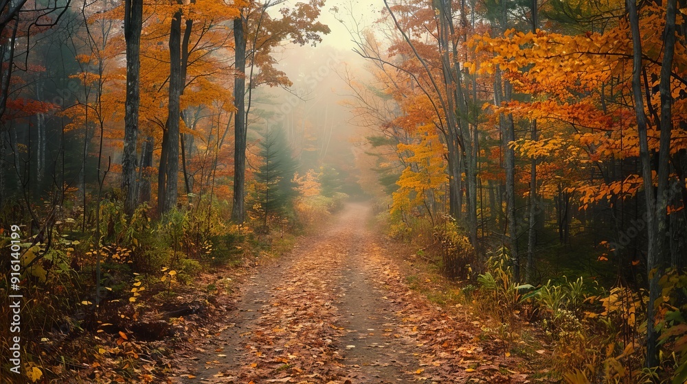 Pathway through a forest with autumn foliage and sunlight breaking through the trees Pathway through a forest with autumn foliage and sunlight breaking through the trees