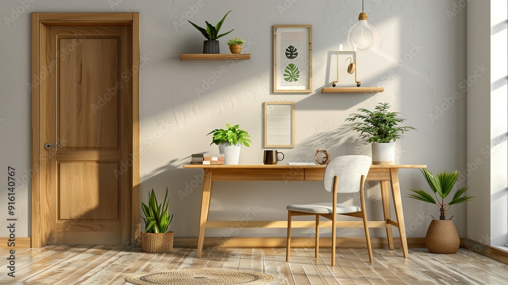 Modern Minimalist Home Office with Wooden Desk and Plants Modern Minimalist Home Office with Wooden Desk and Plants