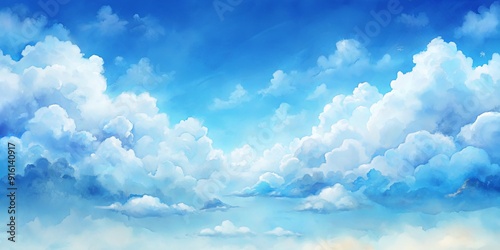 Watercolor blue sky background with fluffy clouds , watercolor, blue, sky, background, clouds, fluffy, painting, artistic, texture