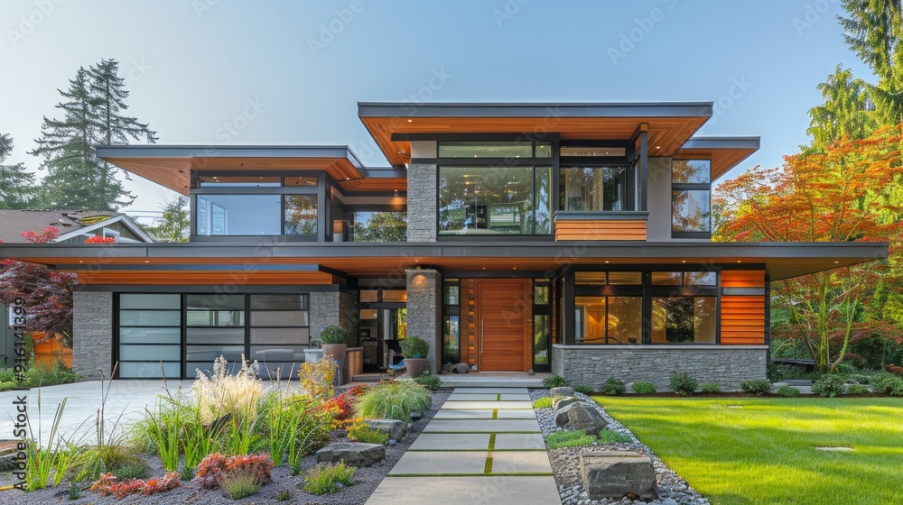 Modern luxury home with lush landscape and sleek architecture design Modern luxury home with lush landscape and sleek architecture design