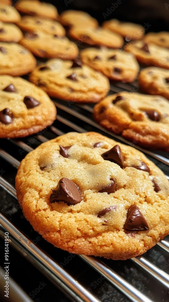 Freshly baked chocolate chip cookies cool on a rack, straight from the oven.
Freshly baked chocolate chip cookies cool on a rack, straight from the oven.