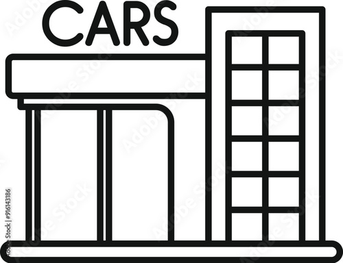 Simple line drawing icon of a car dealership building exterior with large windows