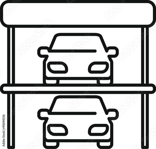 Two cars parked on a two level parking system with a roof, offering a space saving solution for urban environments