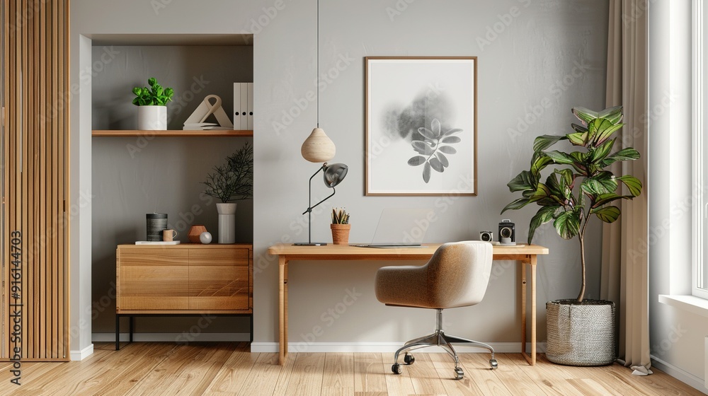 Modern Home Office with Wooden Desk and Natural Decor Modern Home Office with Wooden Desk and Natural Decor