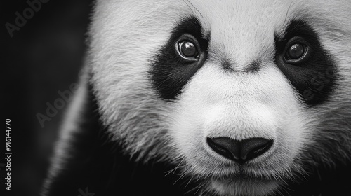 A close-up of a pandaface, focu sing on its soulful eyes and distinctive black-and-white markings. photo