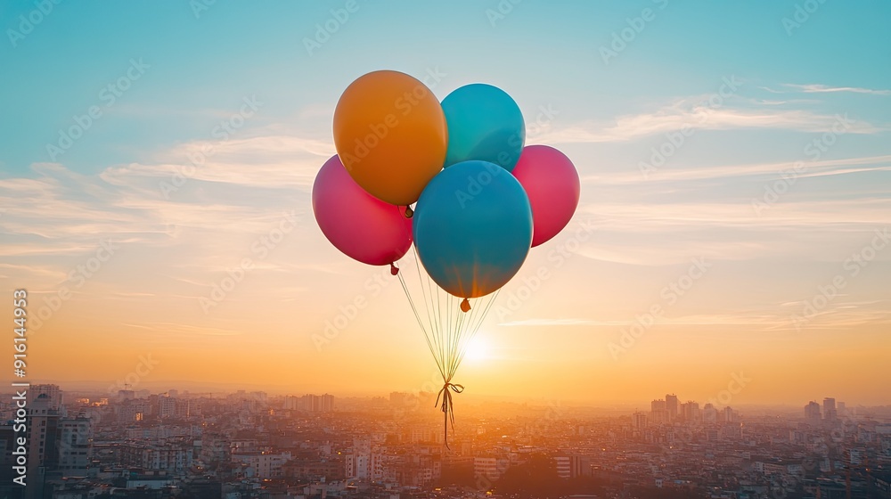 Fototapeta premium A colorful bunch of balloons tied together, rising above a cityscape, with the sun setting in the background.