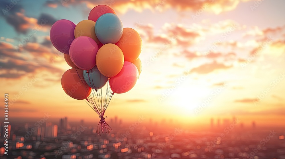 Fototapeta premium A colorful bunch of balloons tied together, rising above a cityscape, with the sun setting in the background.