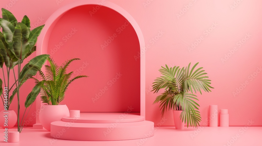 Pink Archway with Potted Plants in Modern Interior Design Pink Archway with Potted Plants in Modern Interior Design