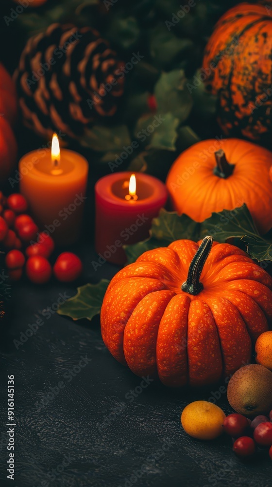 An autumn harvest festival table decorated with pumpkins, fruits, and candles, capturing the festive spirit of the season with a wide depth of field, leaving space for text.
An autumn harvest festival table decorated with pumpkins, fruits, and candles, capturing the festive spirit of the season with a wide depth of field, leaving space for text.