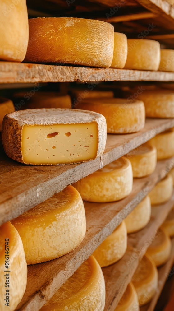 Numerous wheels of cheese maturing on wooden shelves in a cheese factory.
Numerous wheels of cheese maturing on wooden shelves in a cheese factory.