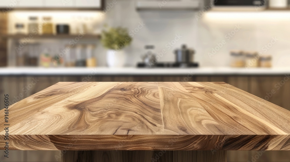 Wooden table or kitchen island with natural pattern on blurred kitchen background for product display.