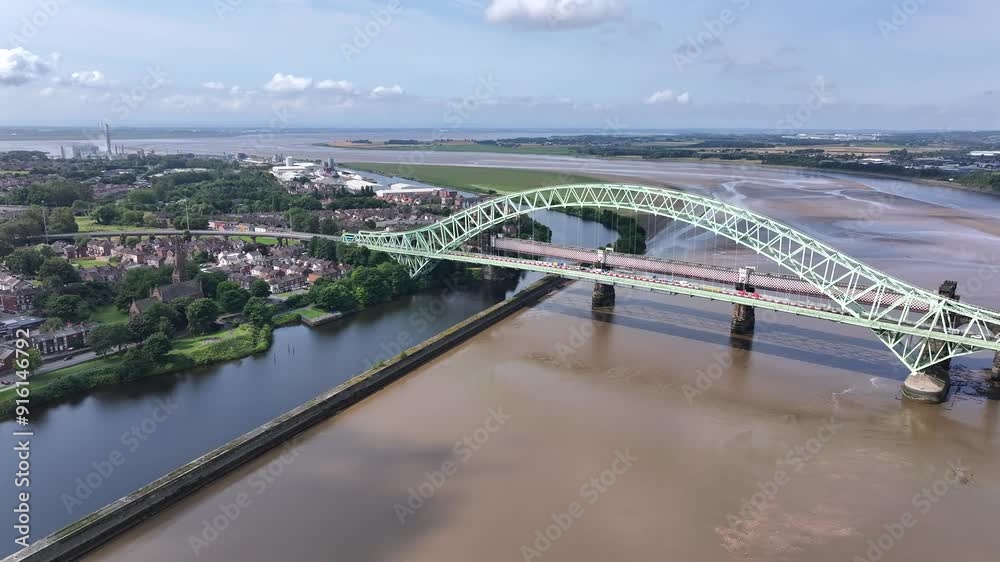 Iron Bridge Spanning the River Mersey Aerial View Iron Bridge Spanning the River Mersey Aerial View
