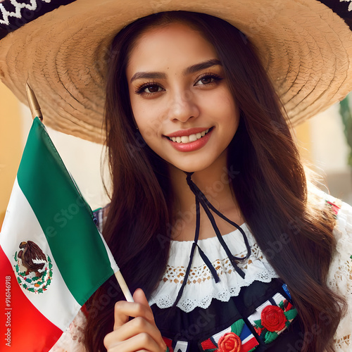 Hermosa joven mexicana celebrando el día del grito de independencia. photo