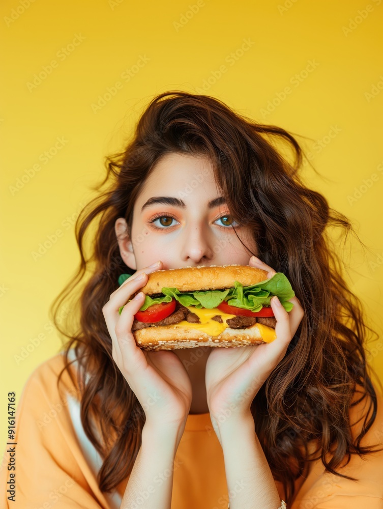 Woman Enjoying a Plant-Based Sandwich in Pop-Inspired Setting Woman Enjoying a Plant-Based Sandwich in Pop-Inspired Setting