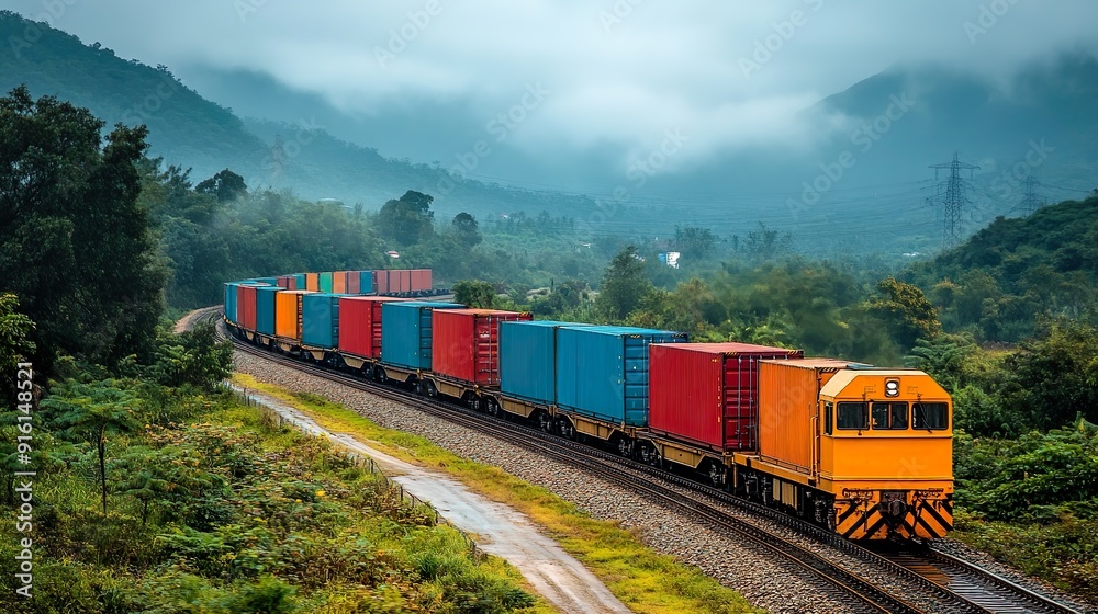 A freight train loaded with containers passing through a rural landscape under overcast lighting A freight train loaded with containers passing through a rural landscape under overcast lighting