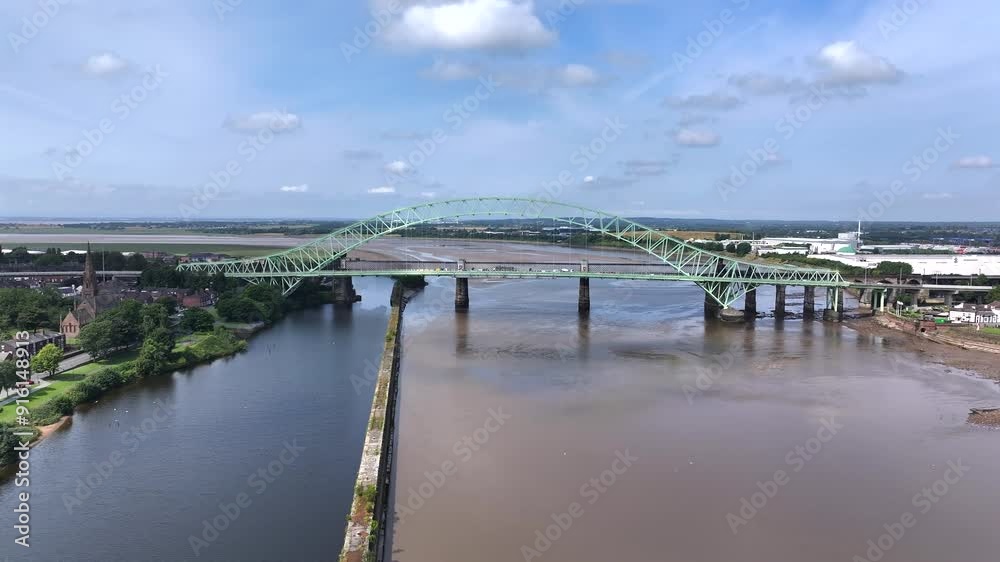 Iron Bridge Spanning the River Mersey Aerial View Iron Bridge Spanning the River Mersey Aerial View