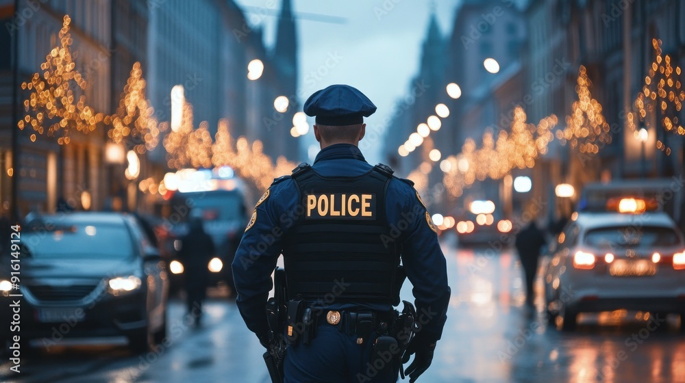 Police Officer Standing in a City Street Police Officer Standing in a City Street