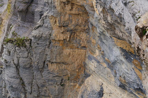 Rocky mountain texture with intricate layers of stone and moss, showcasing natural geological patterns.