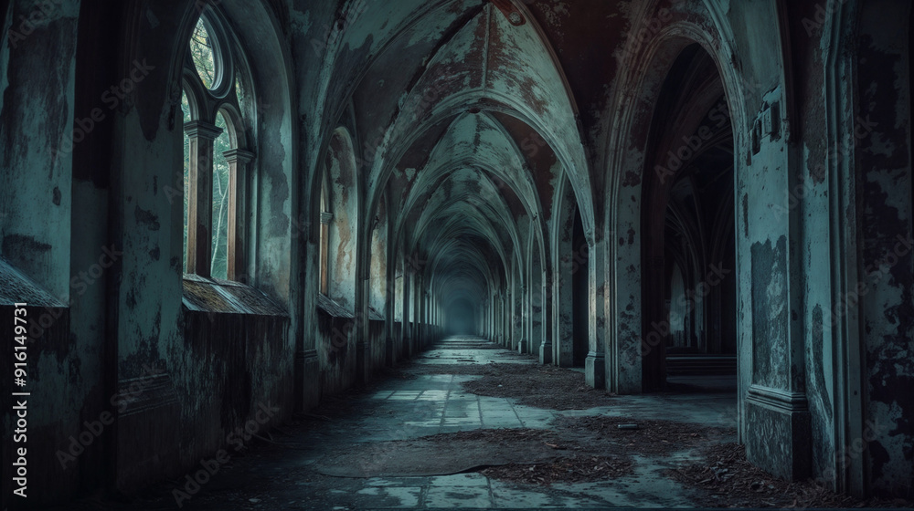 Fototapeta premium a gothic hallway at dusk atmospheric passageways