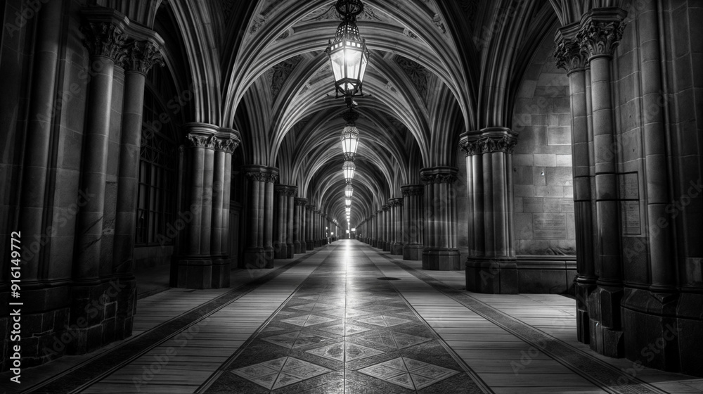 Naklejka premium a gothic hallway at dusk atmospheric passageways