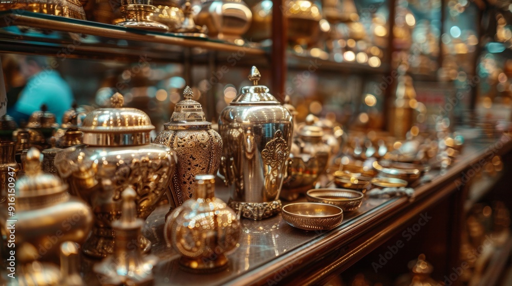 Close-Up of Ornate Brassware in Traditional Market Display Close-Up of Ornate Brassware in Traditional Market Display