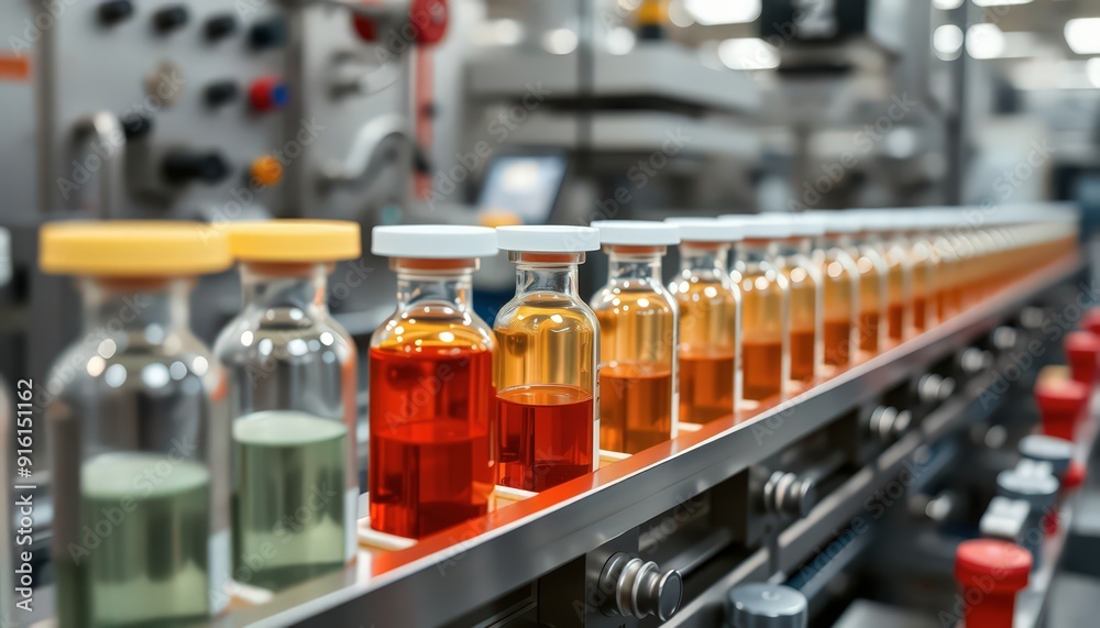 Conveyor Belt With Bottles Of Liquid. Conveyor Belt With Bottles Of Liquid.