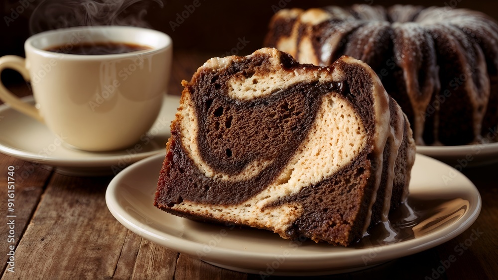 Decadent Marble Cake Slices With Chocolate And Vanilla Swirls – Perfectly Moist Dessert With Coffee And Elegant Ambiance, Cup Of Coffee And Delicious Cake