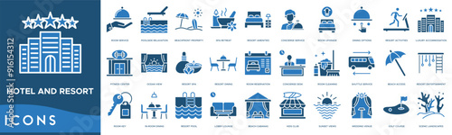 Hotel and resort icon. Room Service, Poolside Relaxation, Beachfront Property, Spa Retreat and Resort Amenities