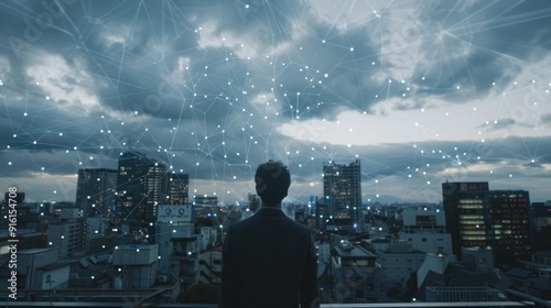 Wallpaper Mural Man Looking at a Cityscape With Network Connection Torontodigital.ca