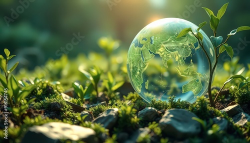 Glass Earth Globe Resting on Green Grass and Stones.