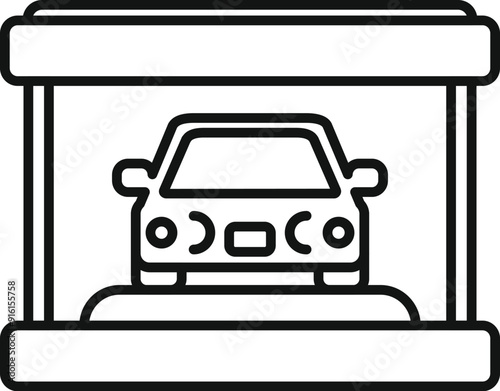 Line art icon of a car parked under a protective roof, symbolizing safe and covered parking