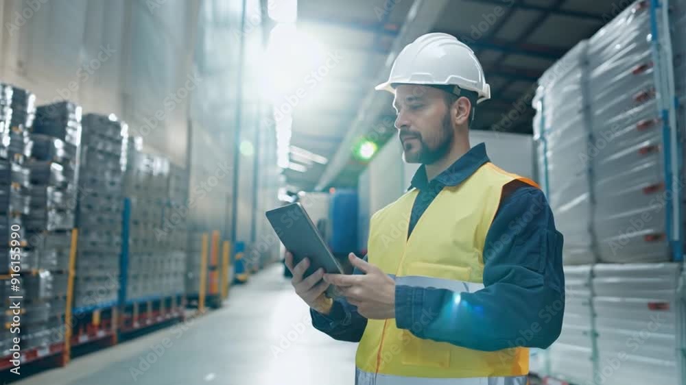 Warehouse worker wearing protective workwear working with tablet standing near truck at Logistics distribution center, Retail warehouse. Ai Footage. Warehouse worker wearing protective workwear working with tablet standing near truck at Logistics distribution center, Retail warehouse. Ai Footage.