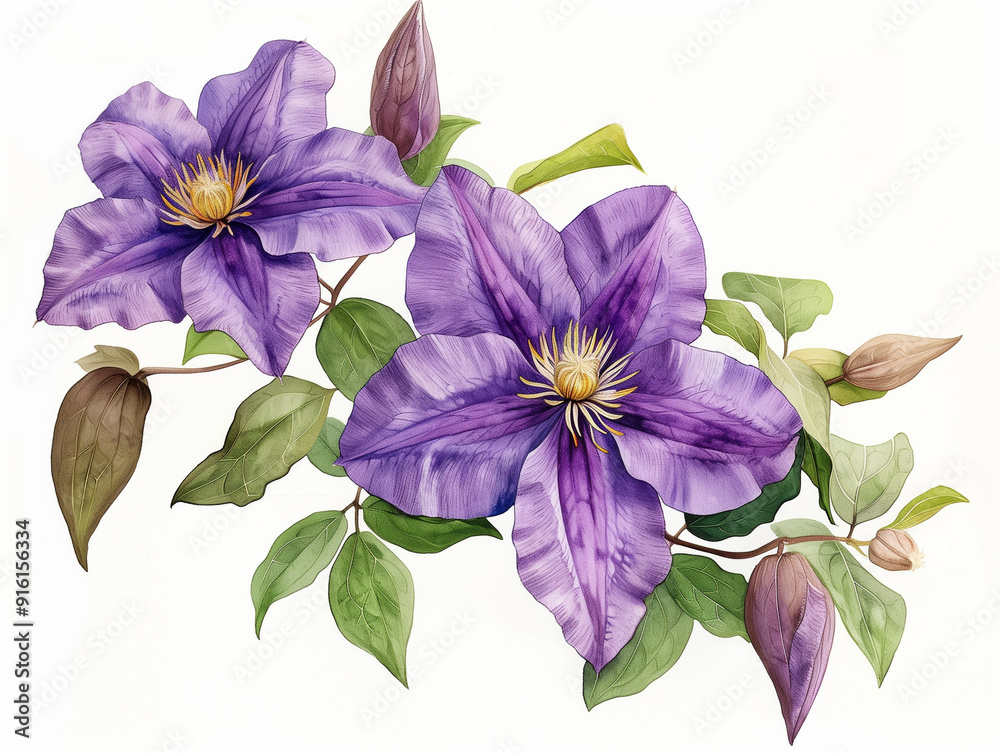 Fototapeta premium A detailed illustration of purple clematis flowers with green leaves and buds.