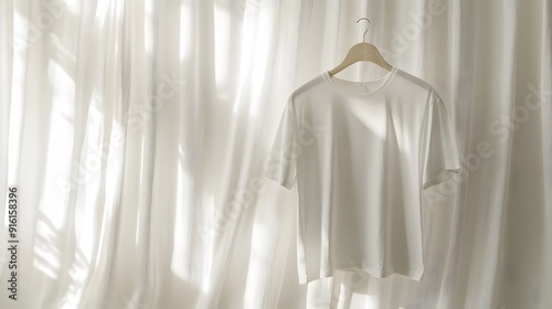 White t-shirt on a hanger with soft shadows, hanging in front of a plain white curtain