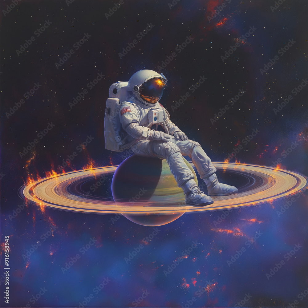 An astronaut sitting on Saturn's rings against a cosmic backdrop. An astronaut sitting on Saturn's rings against a cosmic backdrop.