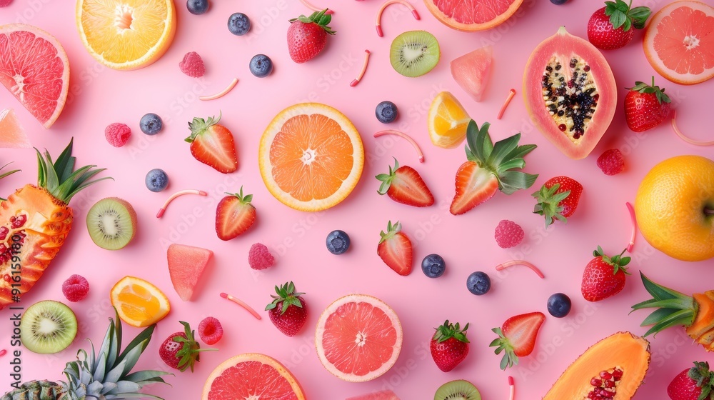 Colorful Tropical Fruits on Pink Background Colorful Tropical Fruits on Pink Background