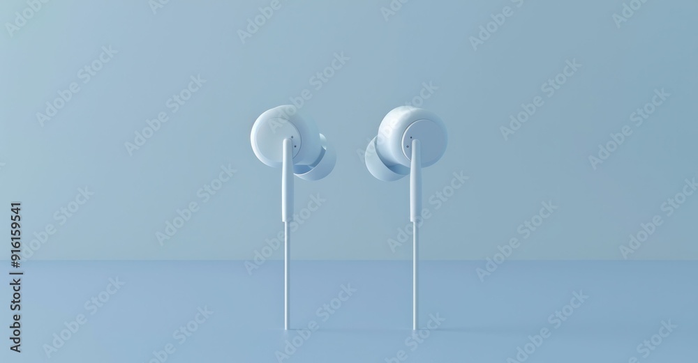 White earbuds on blue surface with background wall, minimalistic technology concept White earbuds on blue surface with background wall, minimalistic technology concept
