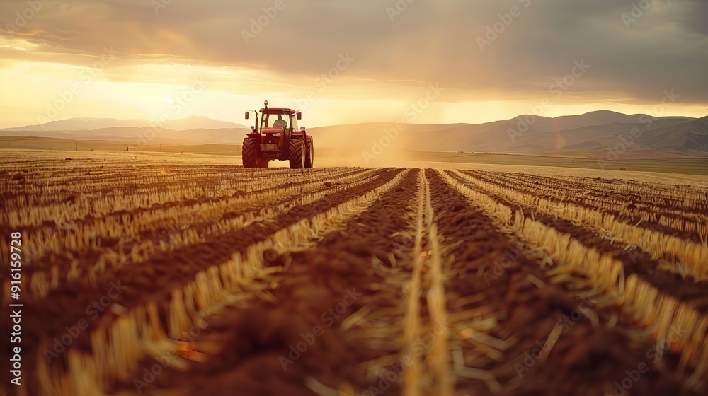 Tractor plowing a field at sunset with mountains in the background Tractor plowing a field at sunset with mountains in the background