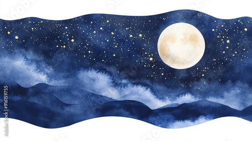 3D Watercolor Night Sky with Stars and Full Moon - Digital Art