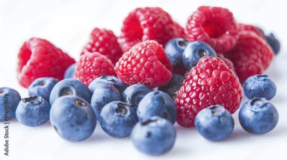 Fresh Blueberries and Raspberries on a White Background Fresh Blueberries and Raspberries on a White Background